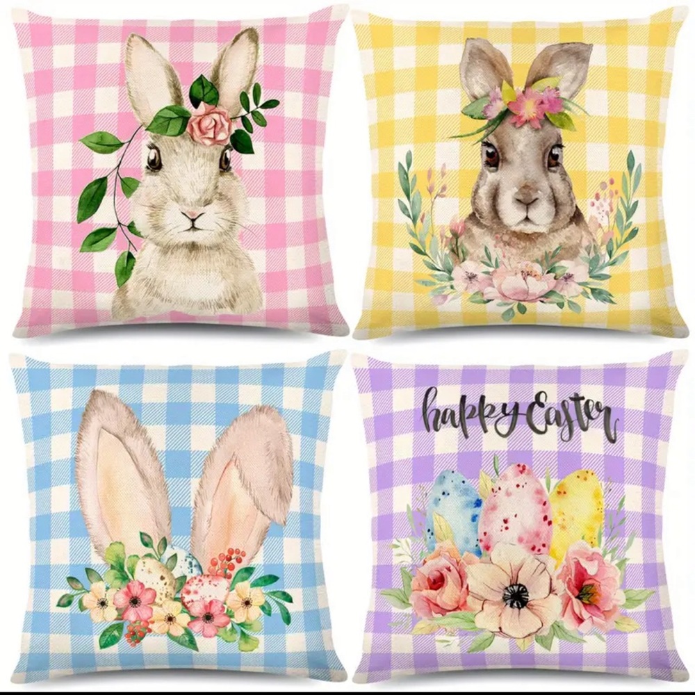 4pcs Easter Pillow Covers Bunny Flower Eggs Cushion Cover Buffalo Plaid
